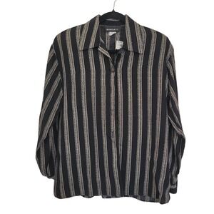 VTG with tags Women's Striped Rayon Button-Up Shirt Black Beige Long Sleeve Sz L